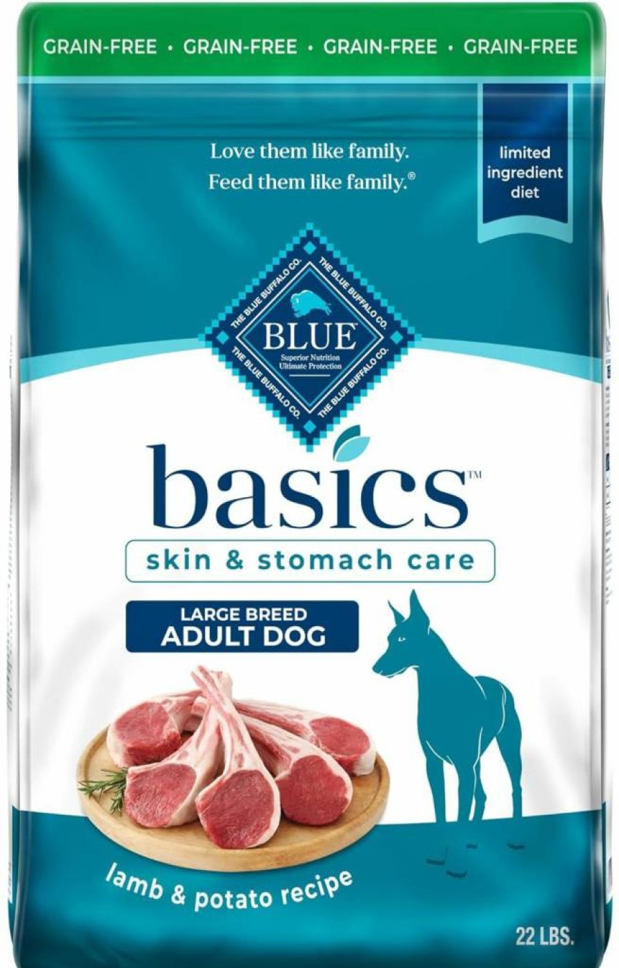 Blue Buffalo Basics Limited Ingredient Grain-Free Dry Dog Food for Large Breed Adults - Lamb & Potato Recipe, Skin & Stomach Care, 22lb Bag, Made in USA
