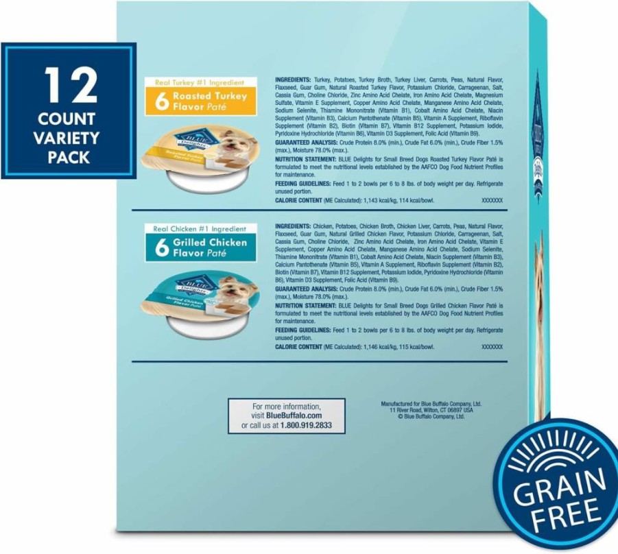 Blue Buffalo Delights Natural Small Breed Wet Dog Food Cups, Pate Style, Top Sirloin Flavor in Savory Juice, 3.5-Oz Pack of 12, Adult Dog Food