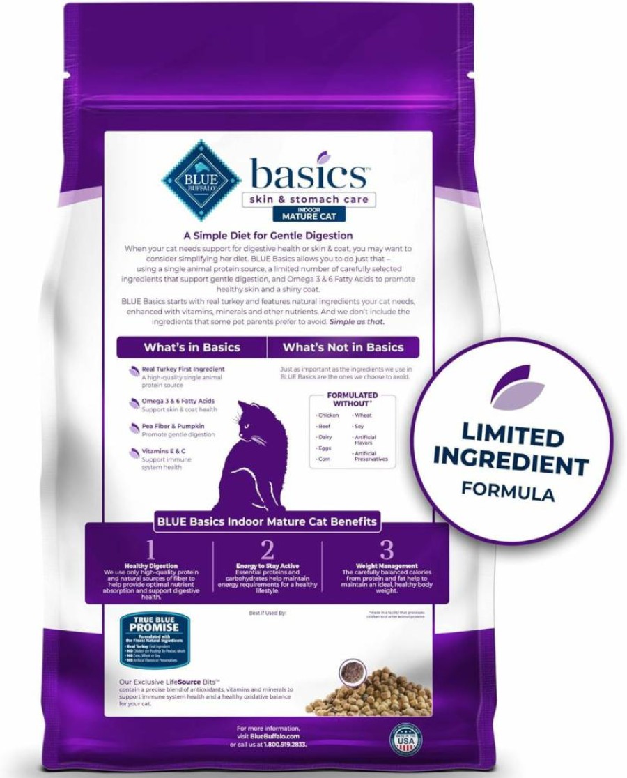Blue Buffalo Basics Grain-Free Limited Ingredient Dry Cat Food for Mature Indoor Cats - Turkey & Potato Recipe, Skin & Stomach Care, 5lb Bag