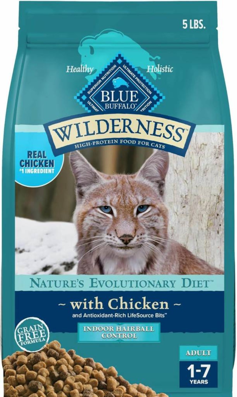 Blue Buffalo Wilderness High-Protein Grain-Free Dry Cat Food for Indoor Cats - Natural Hairball Control with Chicken, 5 lb Bag
