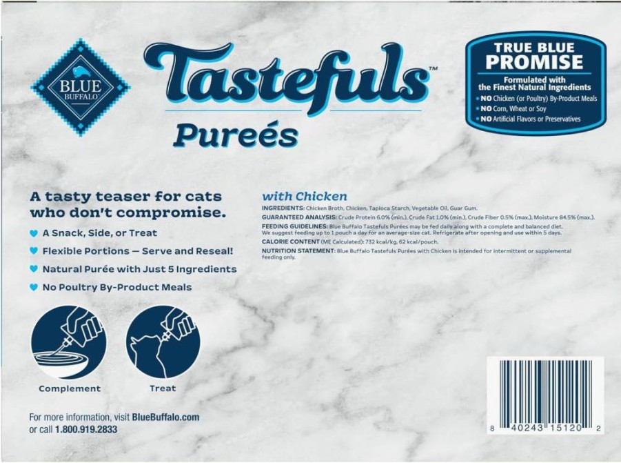 Blue Buffalo Tastefuls Natural Cat Food Puree with Chicken in Resealable 3-Oz Pouches (12-Pack) - Grain-Free Wet Cat Food Complement