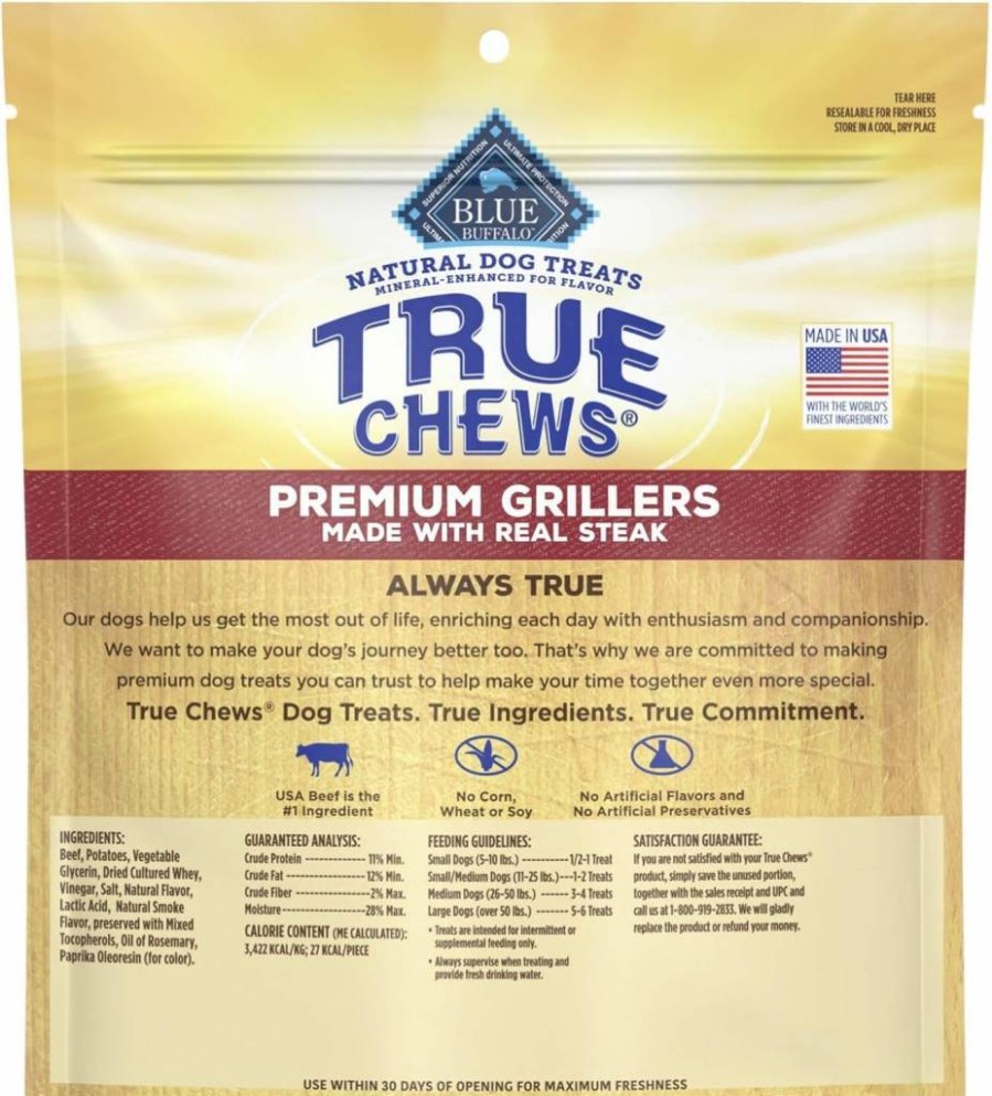 Blue Buffalo True Chews Premium Grillers Natural Dog Treats, Steak Flavor, 30oz Bag – Made in USA with High-Quality Ingredients