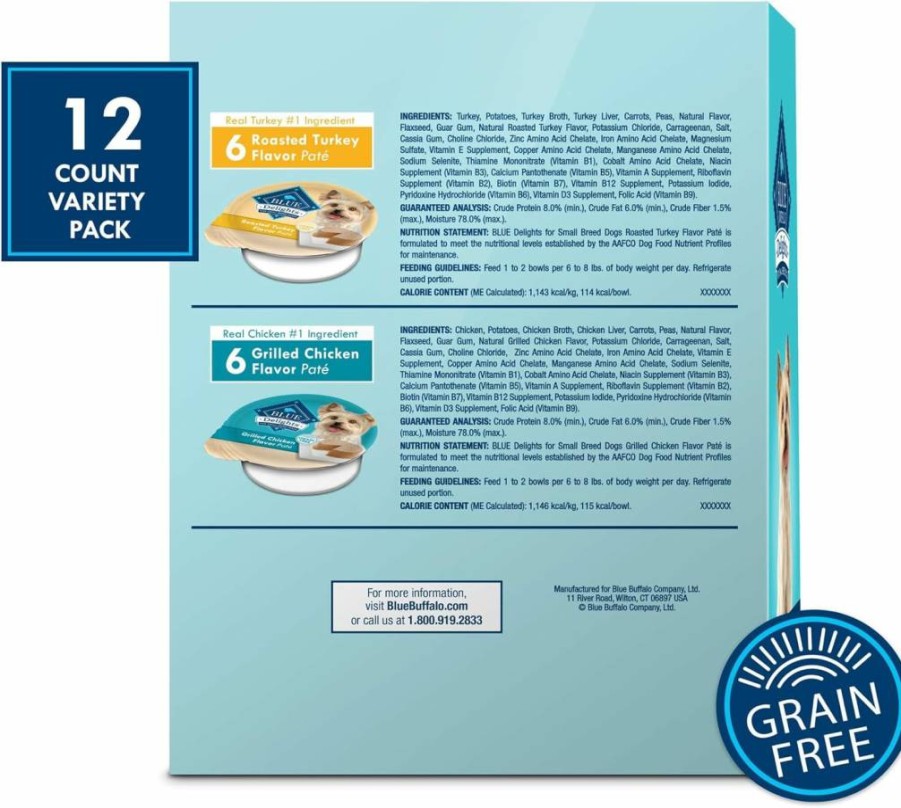 Blue Buffalo Delights Natural Small Breed Wet Dog Food, Grilled Chicken Pate in Savory Juice, 3.5-Oz Cups (Pack of 12)