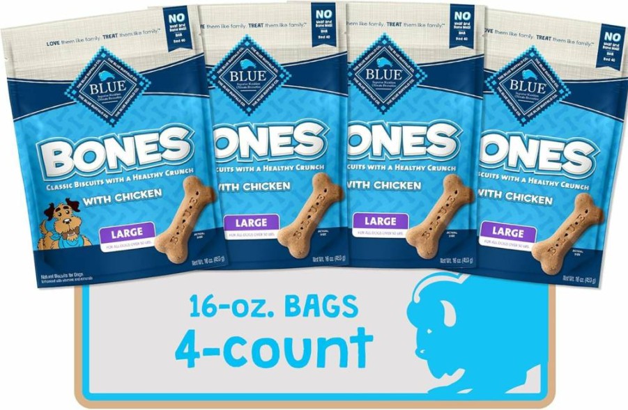 Blue Buffalo Natural Crunchy Beef Dog Treats, Large Breed Biscuits, 16Oz Bag (4-Pack)