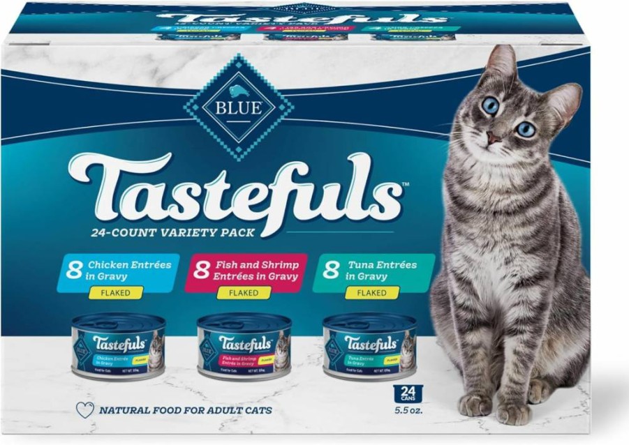 Blue Buffalo Tastefuls Natural Flaked Wet Cat Food Variety Pack - Tuna, Chicken, Fish & Shrimp Recipes in 5.5-Oz Cans (24-Pack, 8 of Each Flavor)