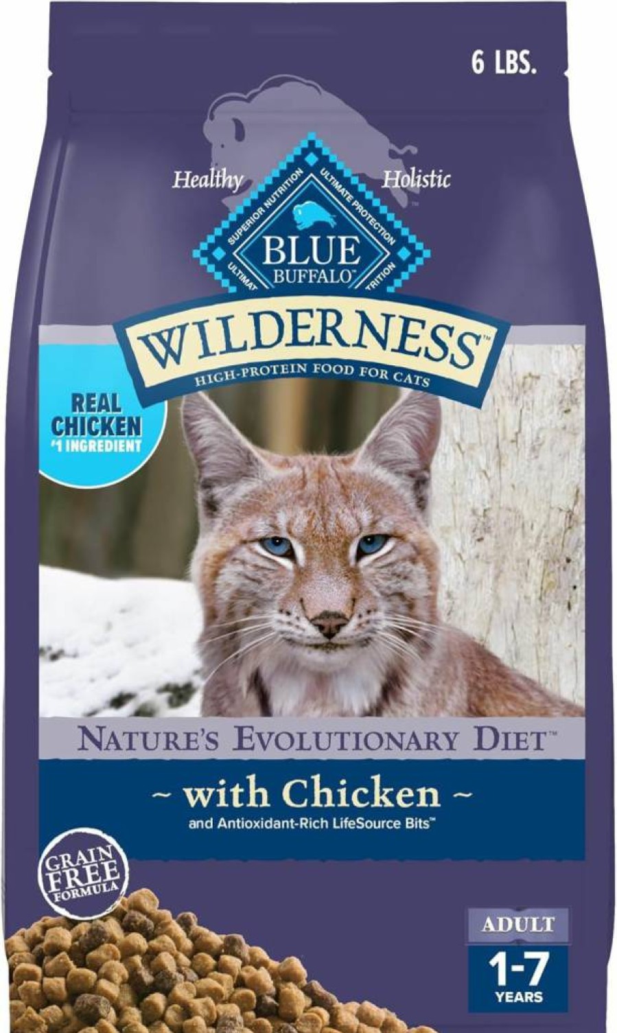 Blue Buffalo Wilderness High-Protein Grain-Free Adult Cat Food, Natural Chicken Recipe Dry Kibble, 6 lb Bag