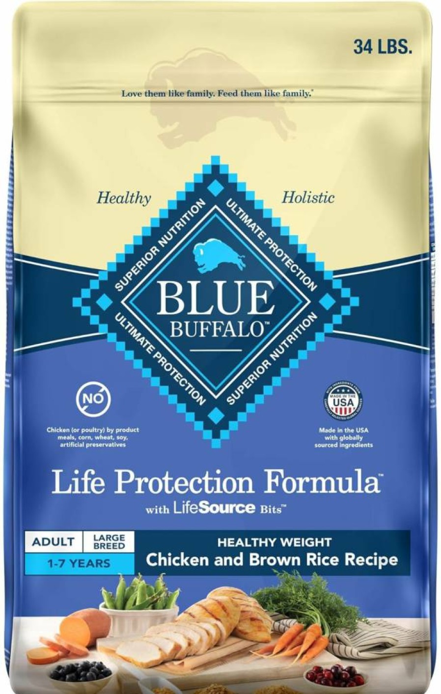 Blue Buffalo Healthy Weight Large Breed Adult Dry Dog Food, Chicken & Brown Rice Recipe, Natural Ingredients for Weight Control, 34-Lb Bag